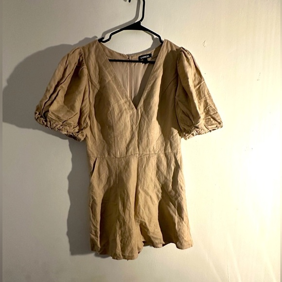 Express Linen-Blend Puff Sleeve Romper - Picture 2 of 7